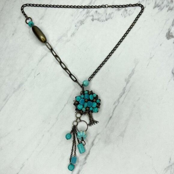 Faux Turquoise Beaded Tree Pendant Bronze Tone Necklace - Picture 1 of 10